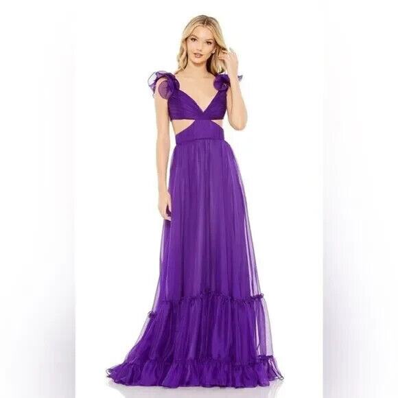 NWT Mac Duggal 70254 Ruffle Chiffon Cutout Maxi Dress PURPLE SZ 4 NEW!‎ - Picture 1 of 9